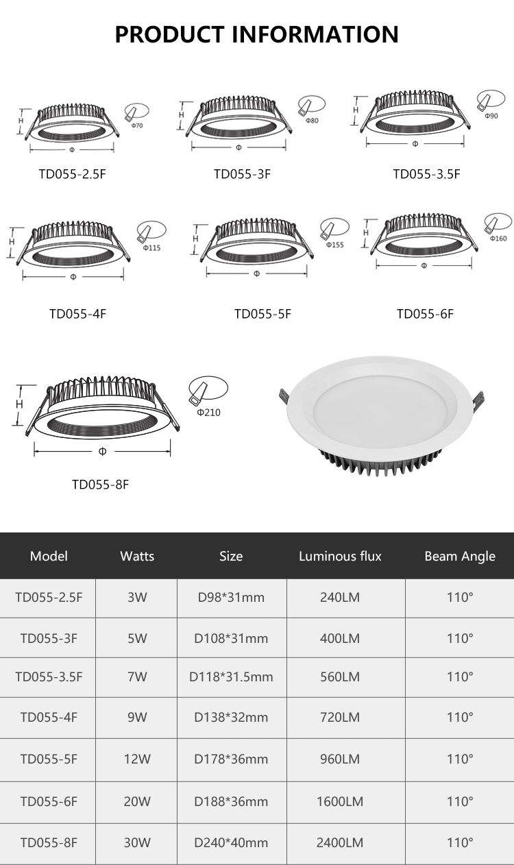 Wholesale Aluminum Smart Bathroom Bedroom Square Round Indoor Commercial Surface Mounted Recessed Downlight Ceiling SMT Spot LED Down Light